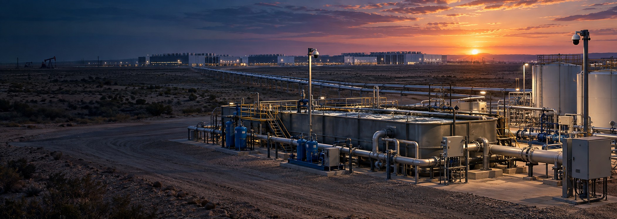 Produced-water treatment and transfer infrastructure leading to a data center campus